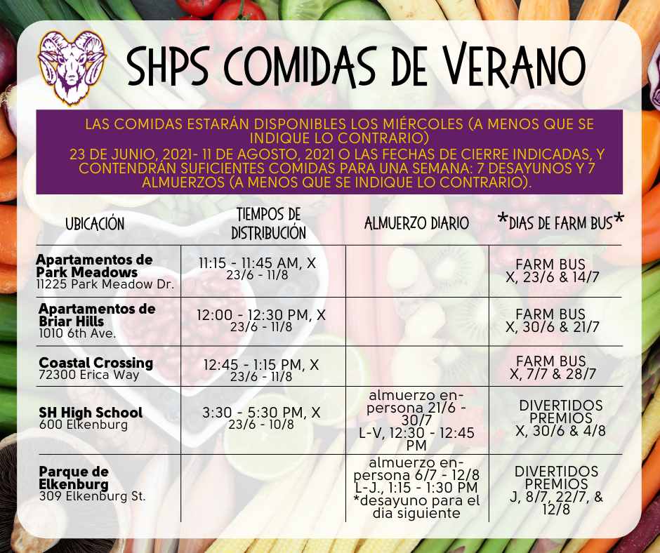 Spanish SHPS Summer Food Schedule 2021
