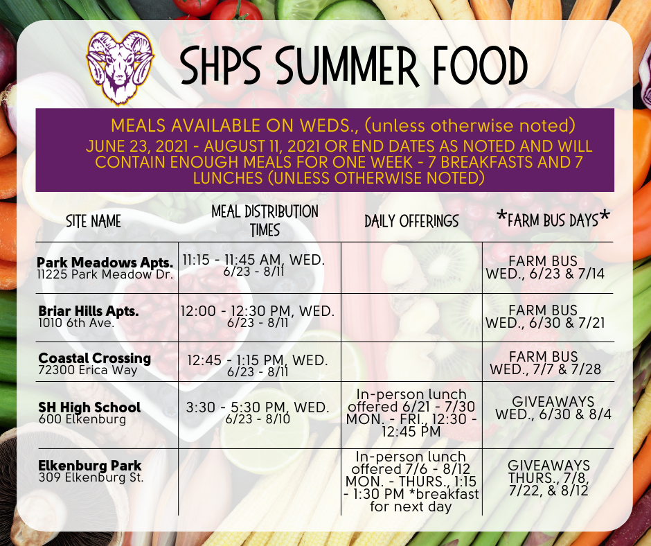 SHPS Summer Food Schedule 2021